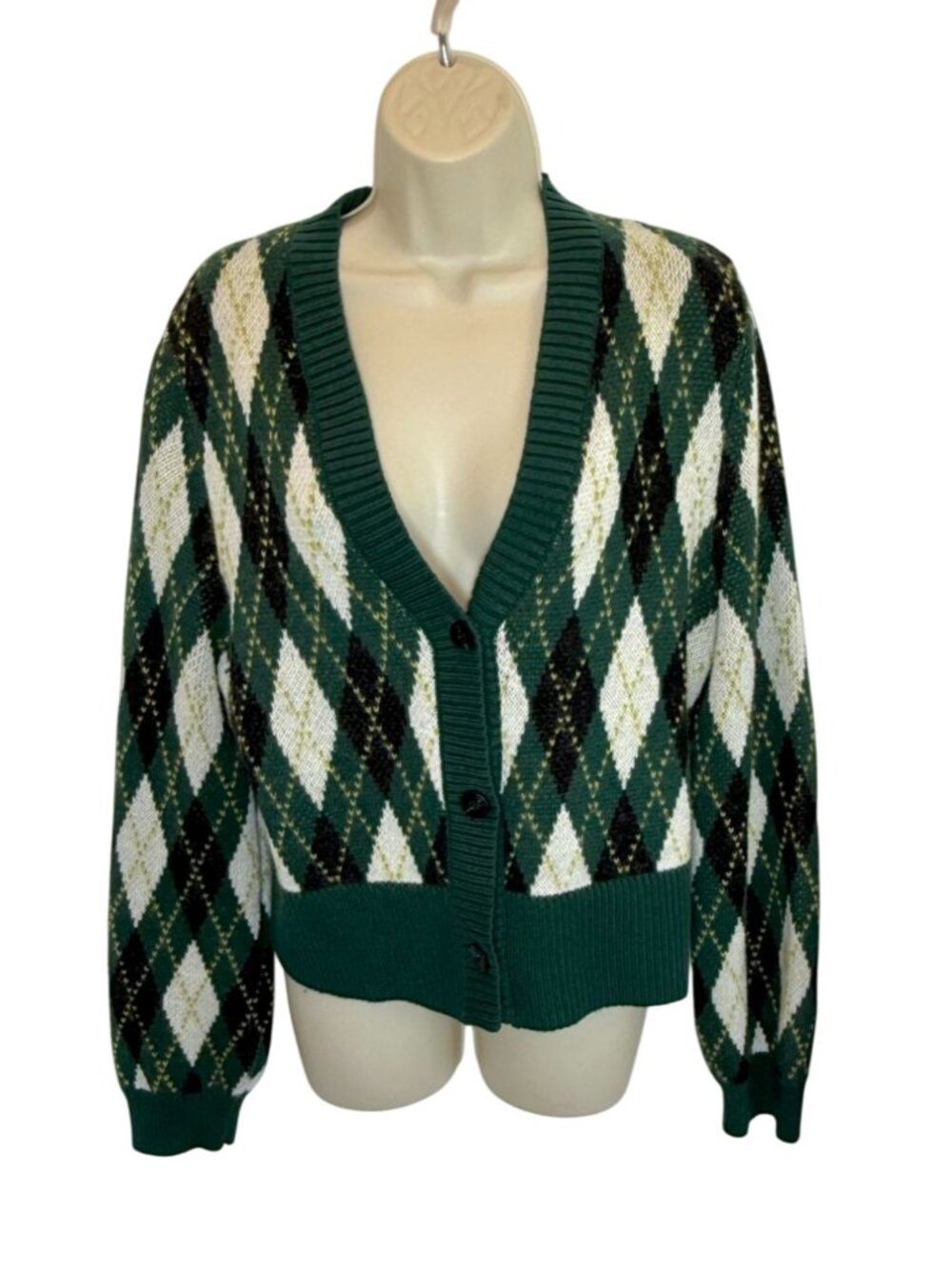 Staud Knave Cardigan in Green Cypress Argyle - Size S - Picture 3 of 8